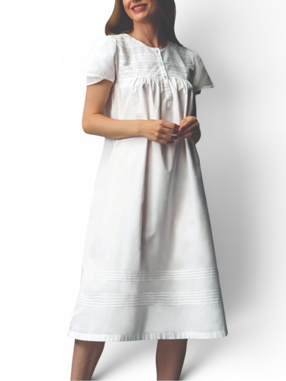 Thea White Cotton Short Sleeve Lace Midi Pajama Dress Nightgown